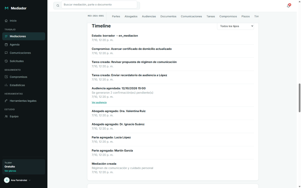 Timeline real de una mediación en Mediador, con cada cambio registrado con fecha y hora.